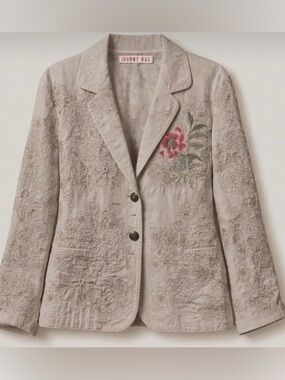 Johnny Was Embroidered Floral Blazer Jacket Beige Cotton Boho Tailored Large